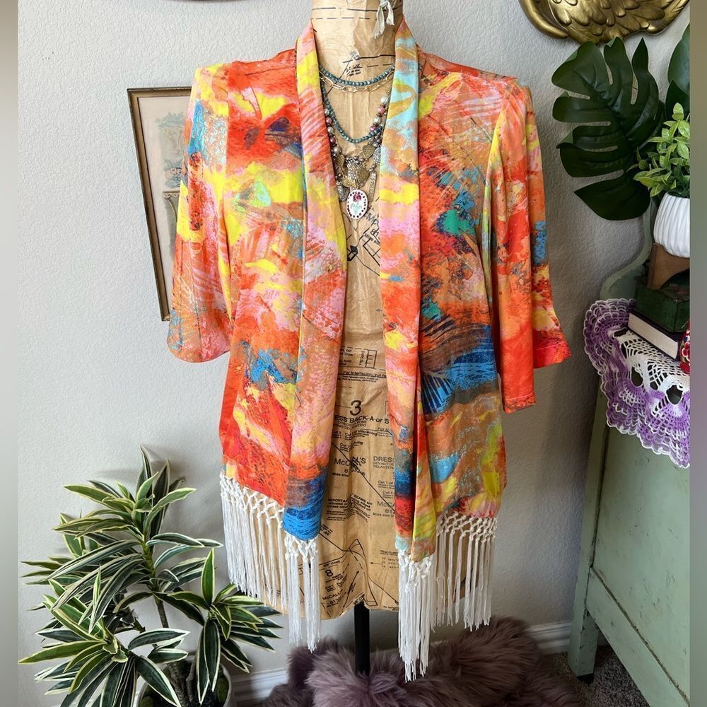 GB Gianni Bini Orange Pink Colorful Fringe Tassel Hem Open Front Duster Blouse S
